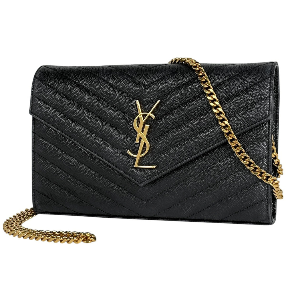 Saint Laurent Yves Cassandra Chain Wallet Shoulder Bag Leather Black